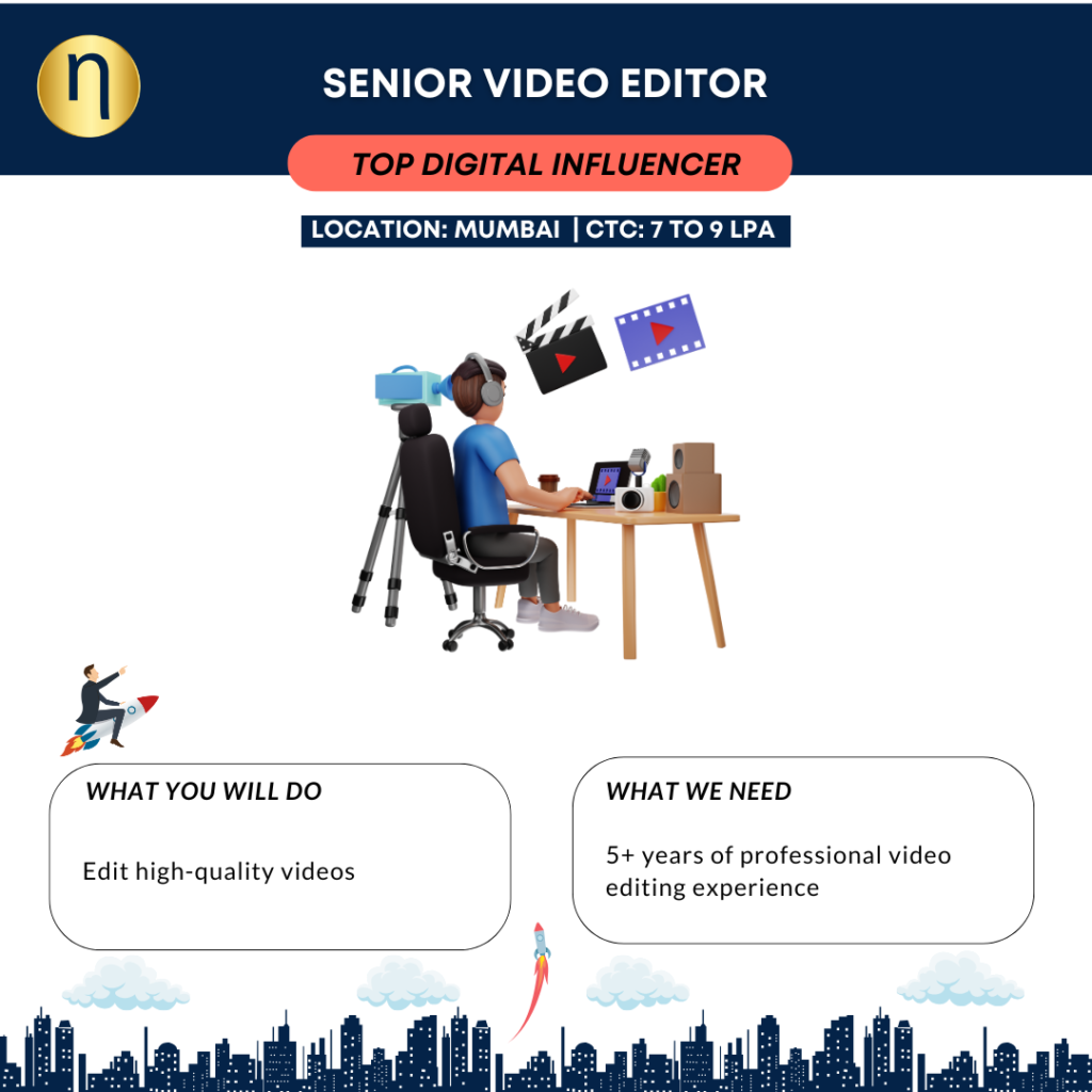 Seeking a Senior Video Editor with 5+ years of professional video editing experience with Adobe Premiere Pro, After Effects, and Photoshop.