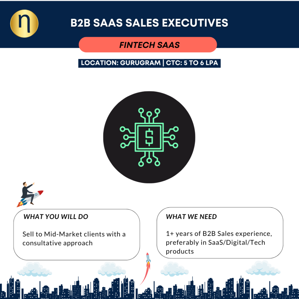 Opportunity for a B2B SaaS Sales Executive with a FINTECH. Need 1+ years of B2B Sales experience, preferably in SaaS/Digital/Tech products. 