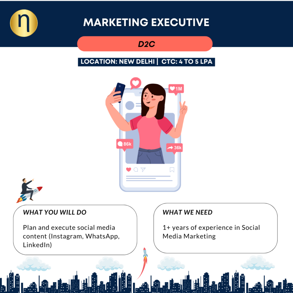 Vacancy for a Marketing Executive for a D2C Wellness Brand. Looking for smart candidates comfortable shooting and appearing in videos. 