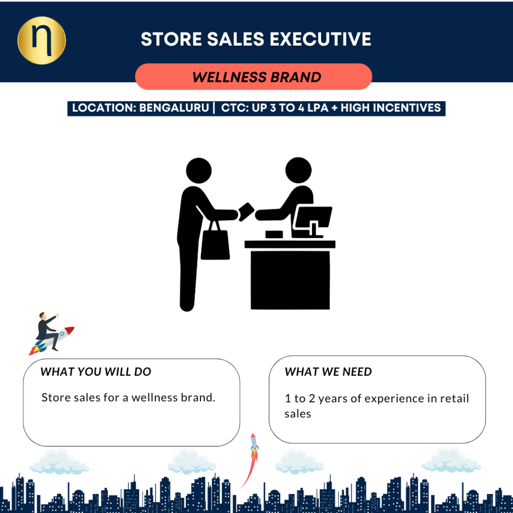 Vacancy for a high incentive Store Sales Executive role. CTC 3 to LPA fixed plus high incentives based on sales.