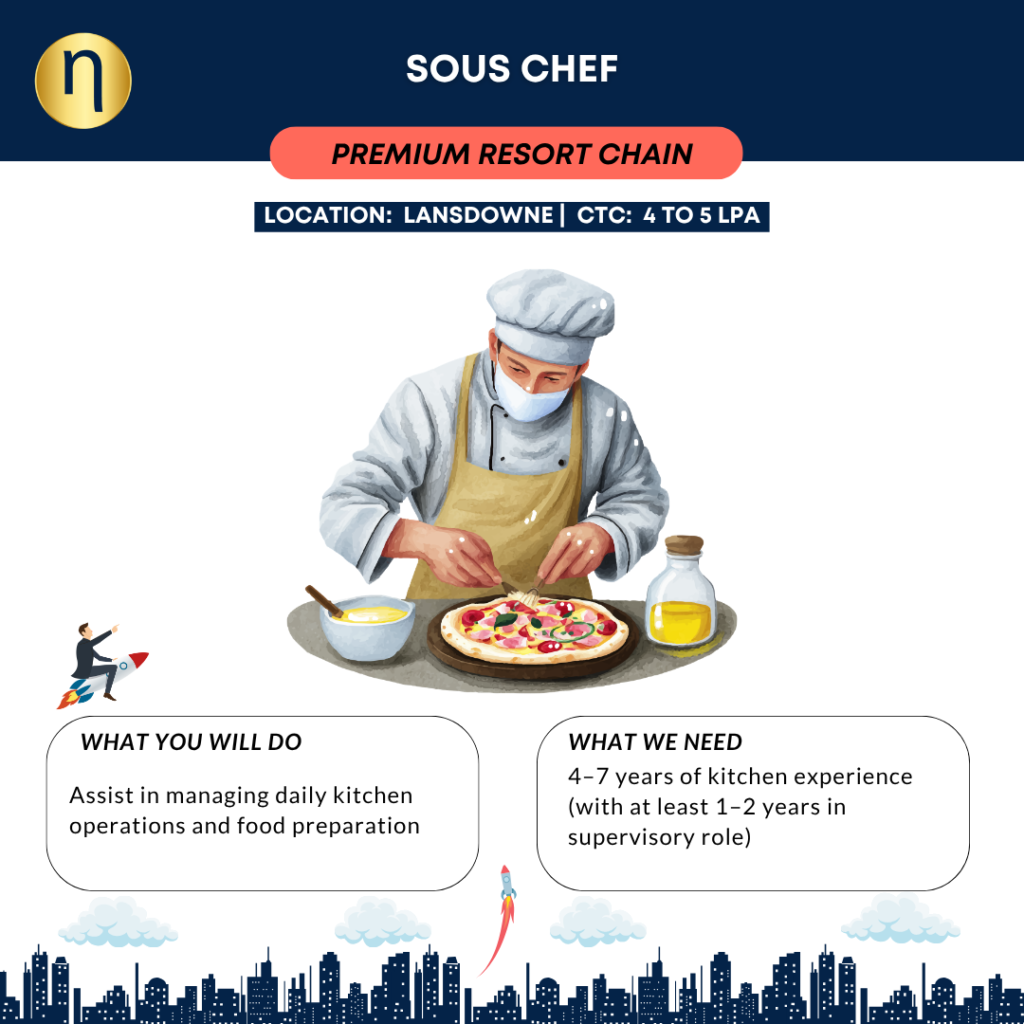 We are seeking a Sous Chef with 4–7 years of kitchen experience (with at least 1–2 years in supervisory role) for a Premium Resort Chain.