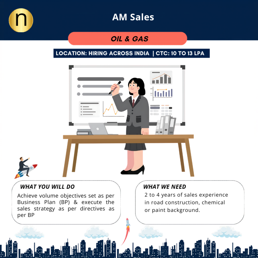 We are seeking an AM Sales WITH 2 to 4 years of sales experience for a Global Bitumen Manufacturing Leader.