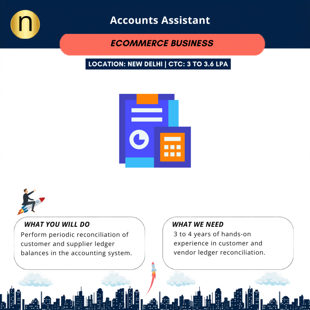 Hiring an Accounts Assistant at New Delhi WTC for a leading eCommerce business. CTC: 3 to 3.6 LPA. Need 3 to 4 years experience,