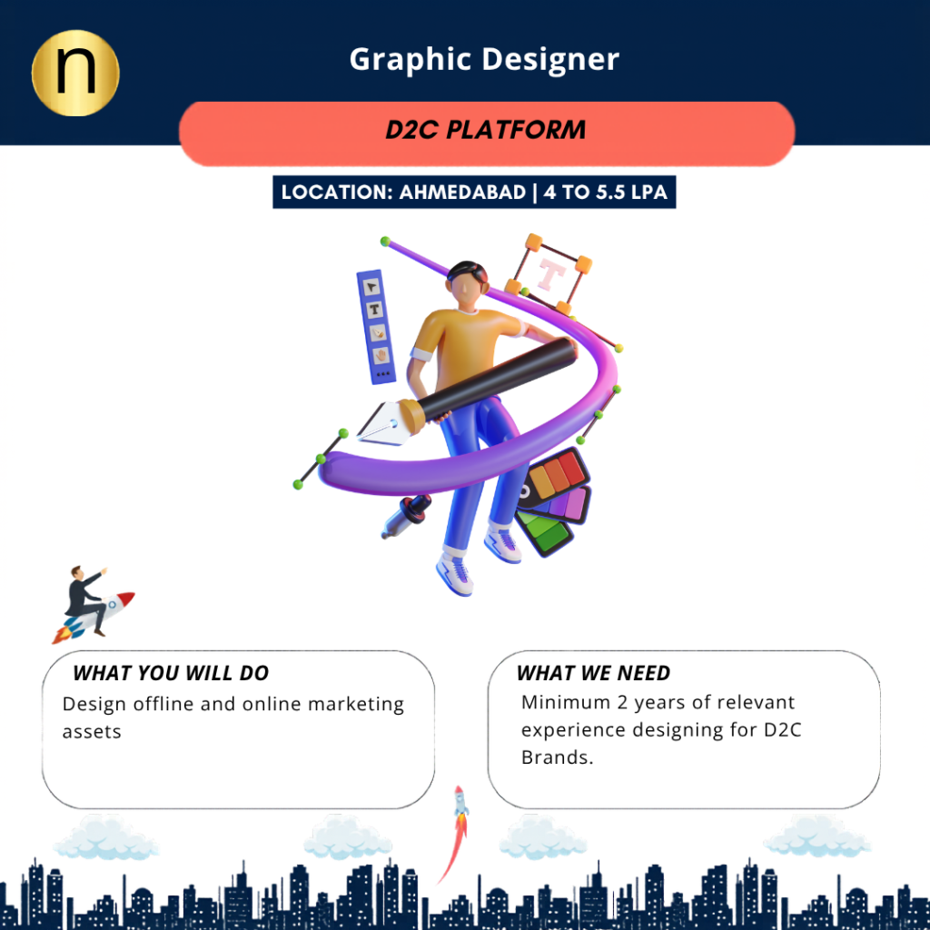 Hiring Graphic Designer at Ahmedabad for a D2C Platform. Must be an expert with Adobe Creative Suite. CTC up to 5.5 LPA.