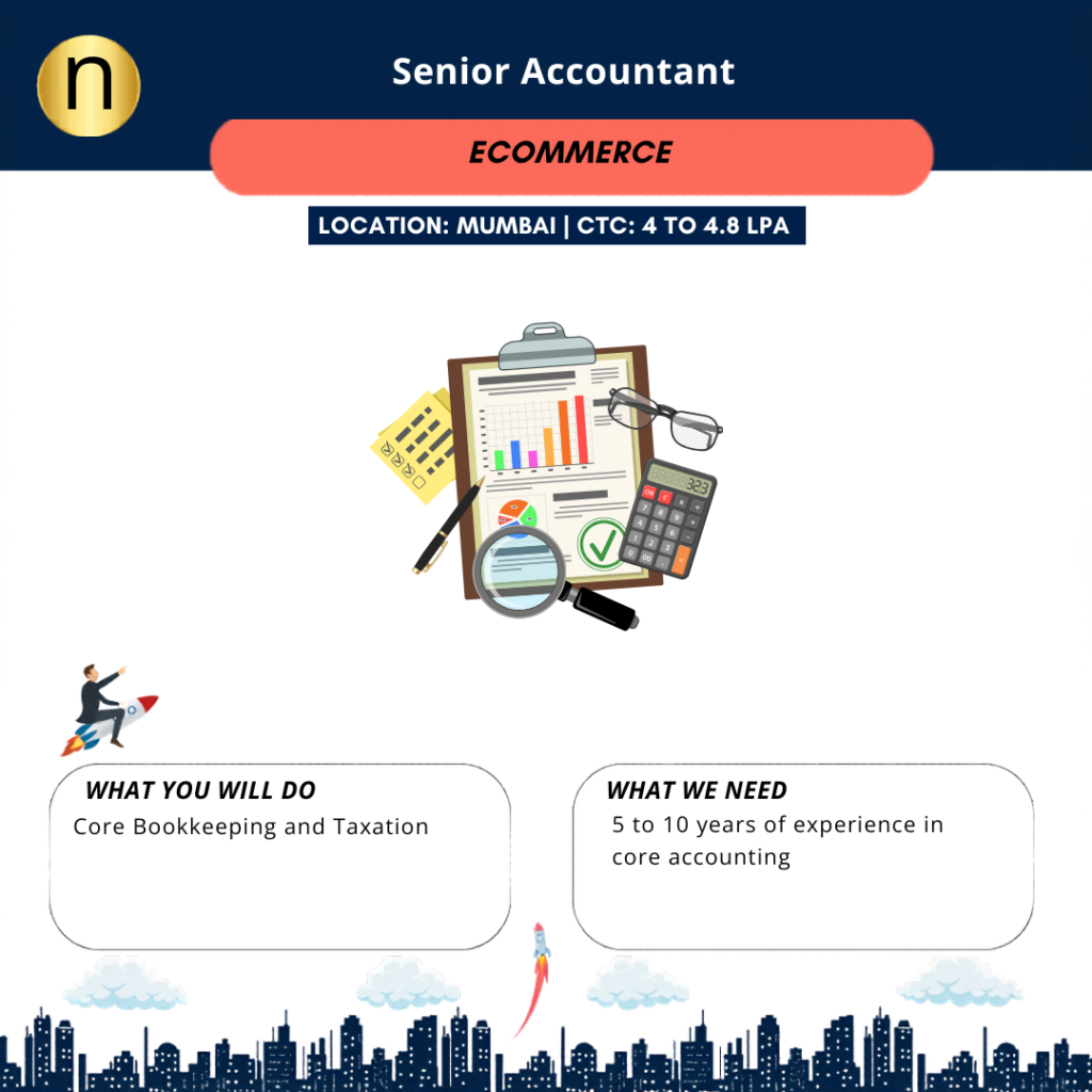 Hiring Senior Accountant at marine Lines, Mumbai. CTC: 4 t0 4.8 LPA Required 5 to 10 Years of experience in accounting.