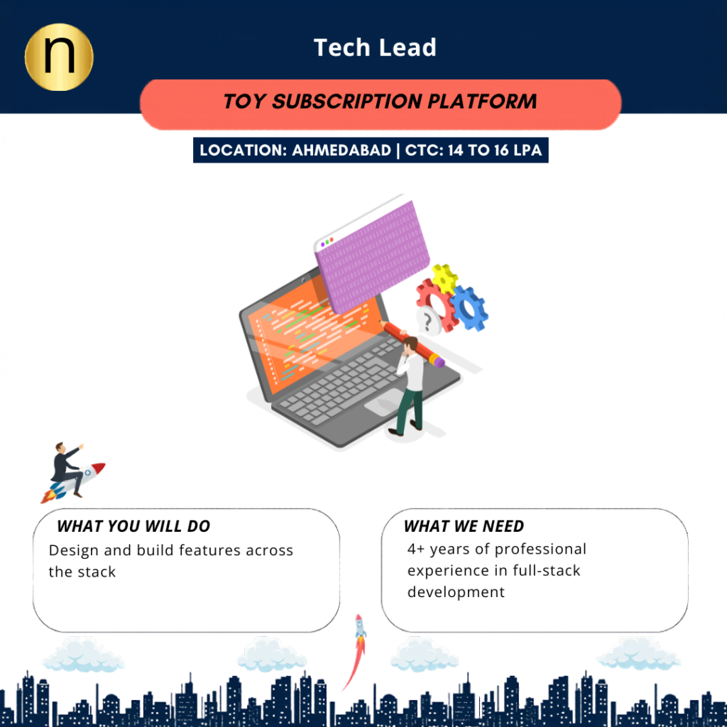 Hiring a Fullstack Tech Lead at Ahmedabad, CTC 14 to 16 LPA. Toy subscription platform. Require 4+ years of full stack development experience.