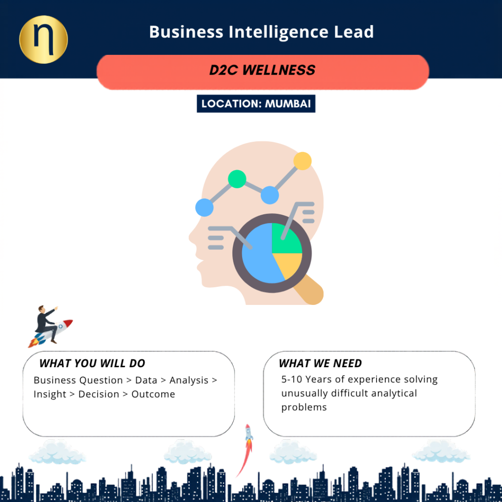Seeking a Business Intelligence Lead for a D2C Wellness Brand. CTC: 35 to 40 LPA. Need a problem solver with high IQ