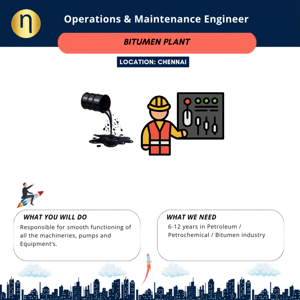 Hiring an Operations & Maintenance Engineer at Chennai. Candidate must have a valid Licence Type “C” authorized by Tamil Nadu Licensing Board