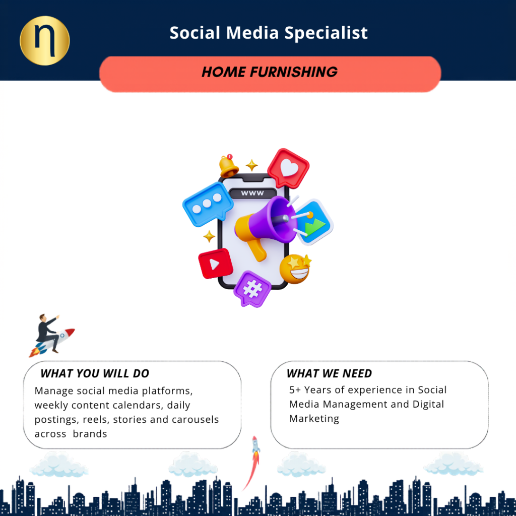 A top luxury home decor brand is hiring a Social Media Specialist. 5+ Years of experience in Social Media Management.
